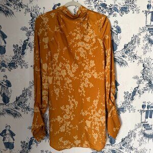 Free People Orange Floral Open Back Mini Dress Tie Neck Boho Long Sleeve Size S